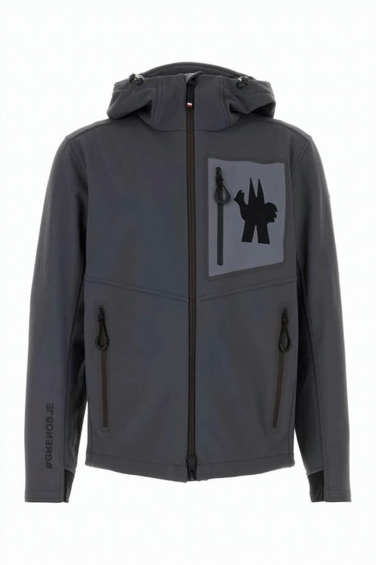Moncler Sleek Grey Casual Jacket With Hood And Graphic Patch