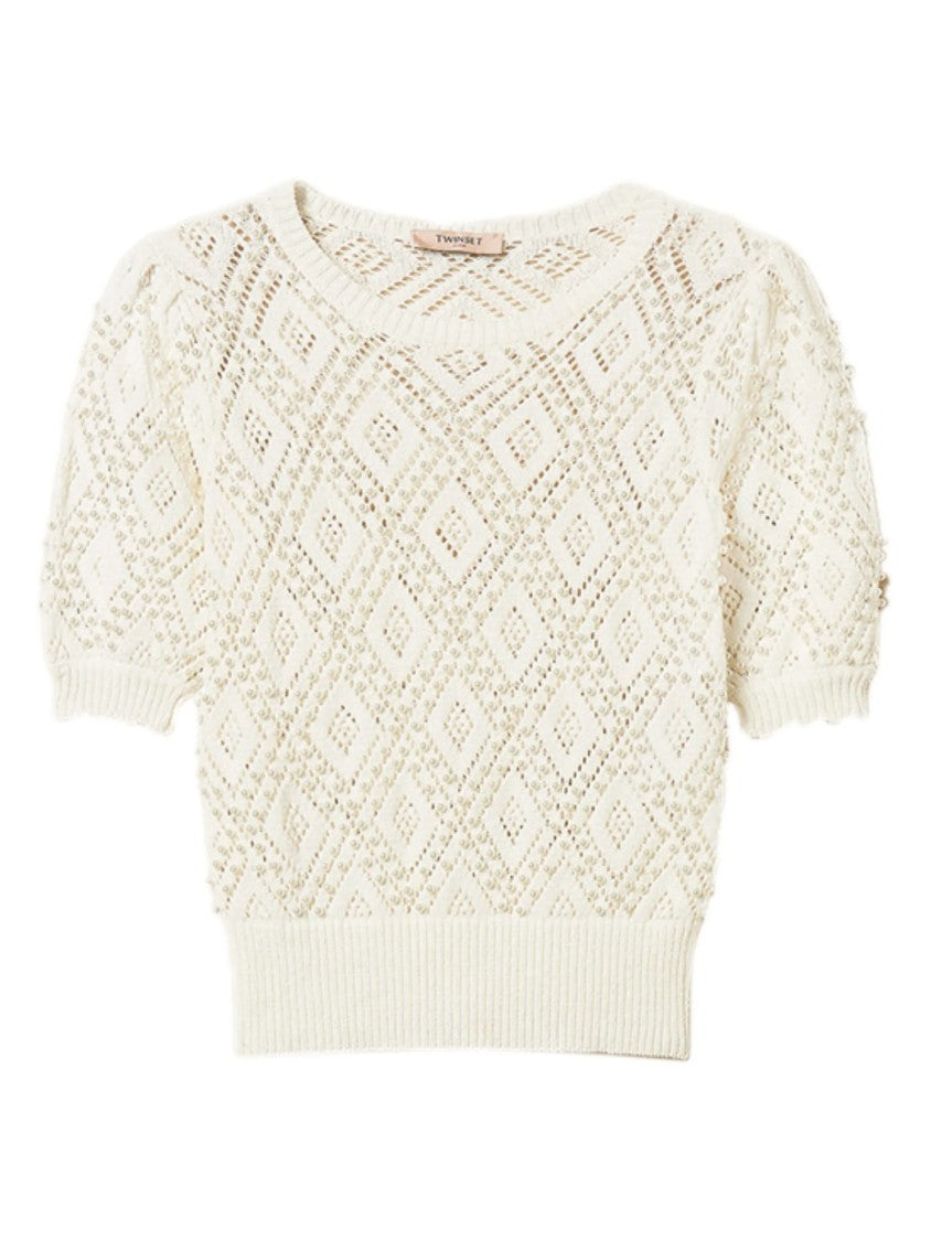 Twin-Set Diamond Openwork Pattern Cropped Knit Top