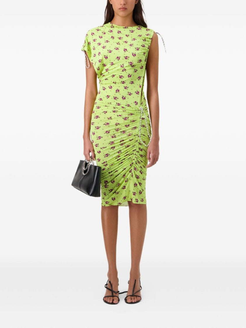 Coperni Green Floral Print Ruched Midi Dress