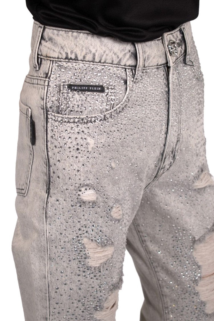 Philipp Plein Grey Crystal Embellished Distressed Cotton Jeans