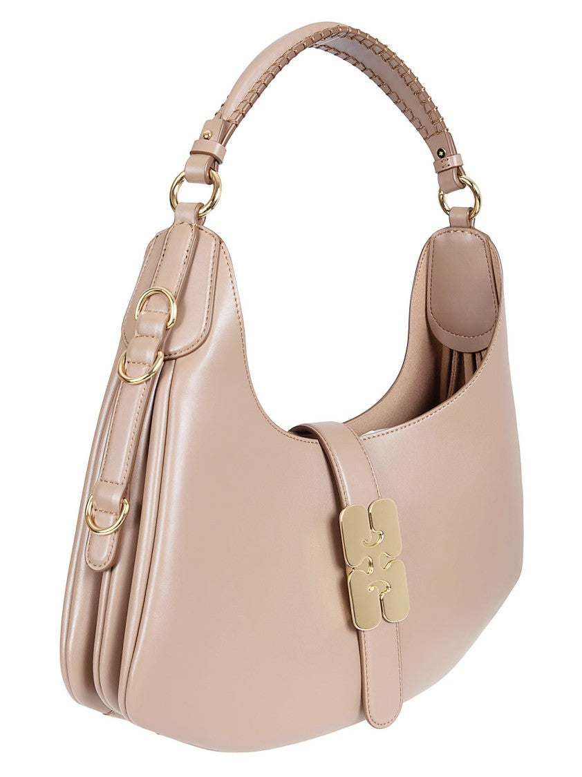 Ganni Curved Brown Handbag With Gold-Tone Accents