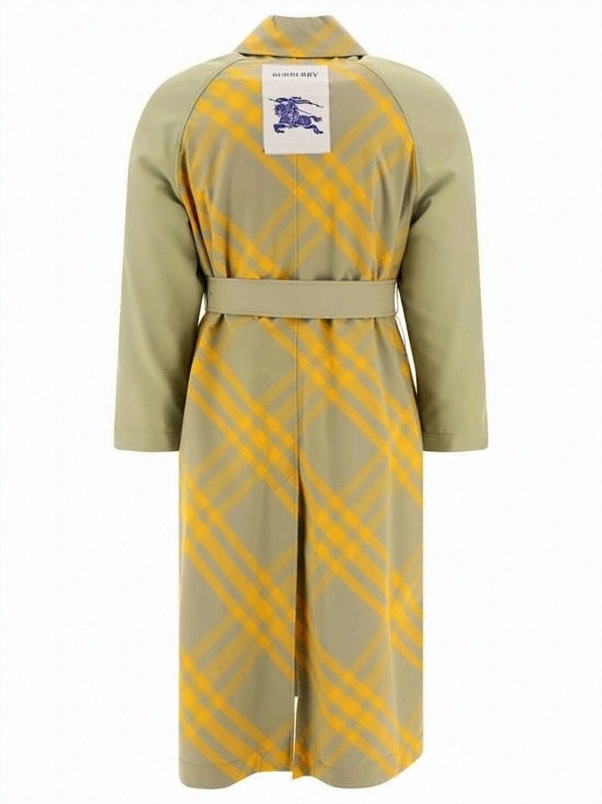 Burberry Belted Trench Coat With Plaid Sleeves
