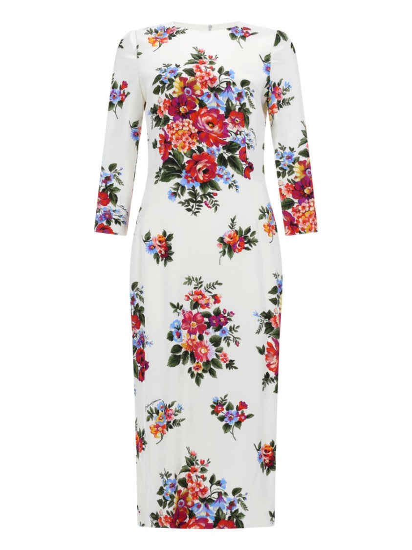 Dolce & Gabbana White Floral Print Fitted Viscose Midi Dress