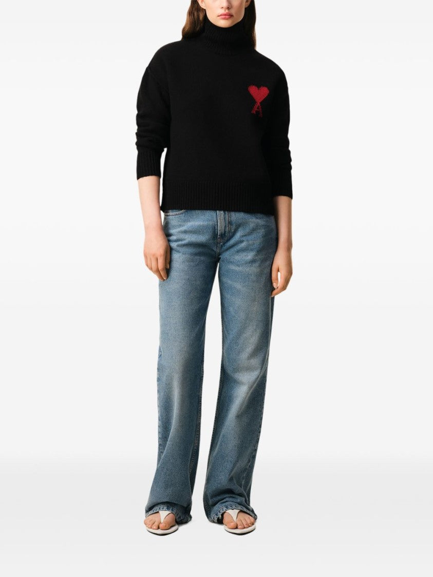 Ami Paris High Ribbed Turtleneck Sweater With Distinctive Heart Emblem