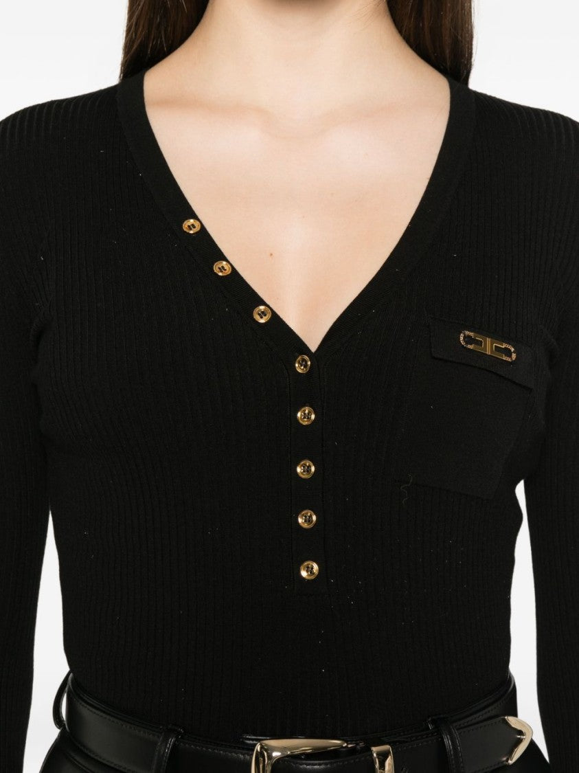 Elisabetta Franchi Fitted Ribbed Sweater With Asymmetrical Button Detail