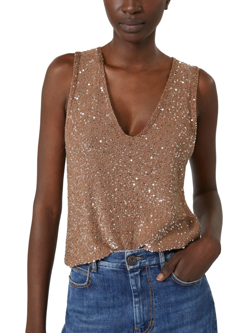Max Mara Sleeveless Top With Deep V-Neckline And Sequined Texture