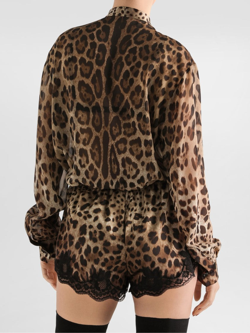 Dolce & Gabbana Leopard Print Silk Bow Blouse