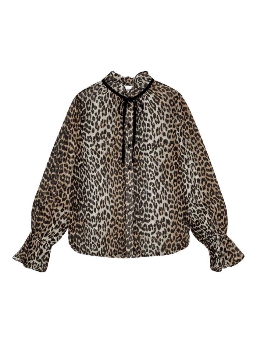 Ganni Leopard Print Semi-Sheer Blouse With Ruffled Neckline