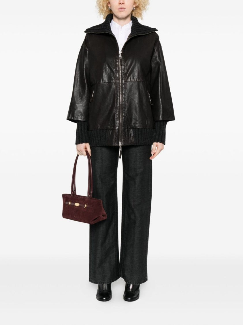 The Jack And Jackie Leathers Boxy Brown Leather Jacket With Knit Accents