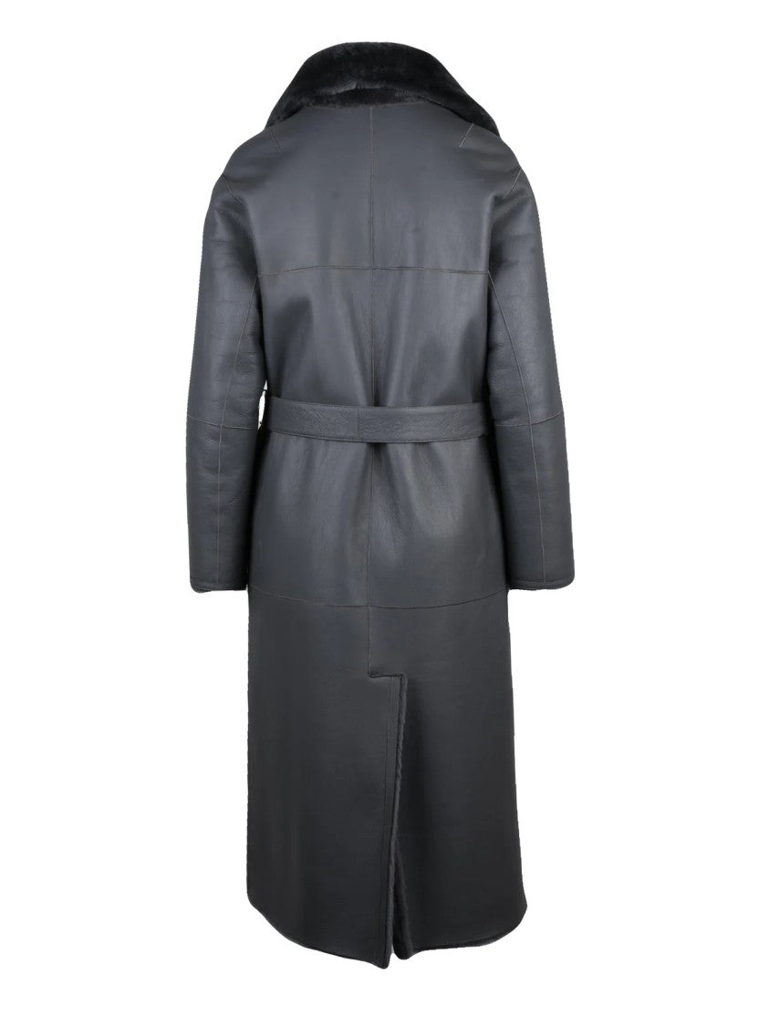 Desa 1972 Grey Plush Fur Lined Leather Trench Coat