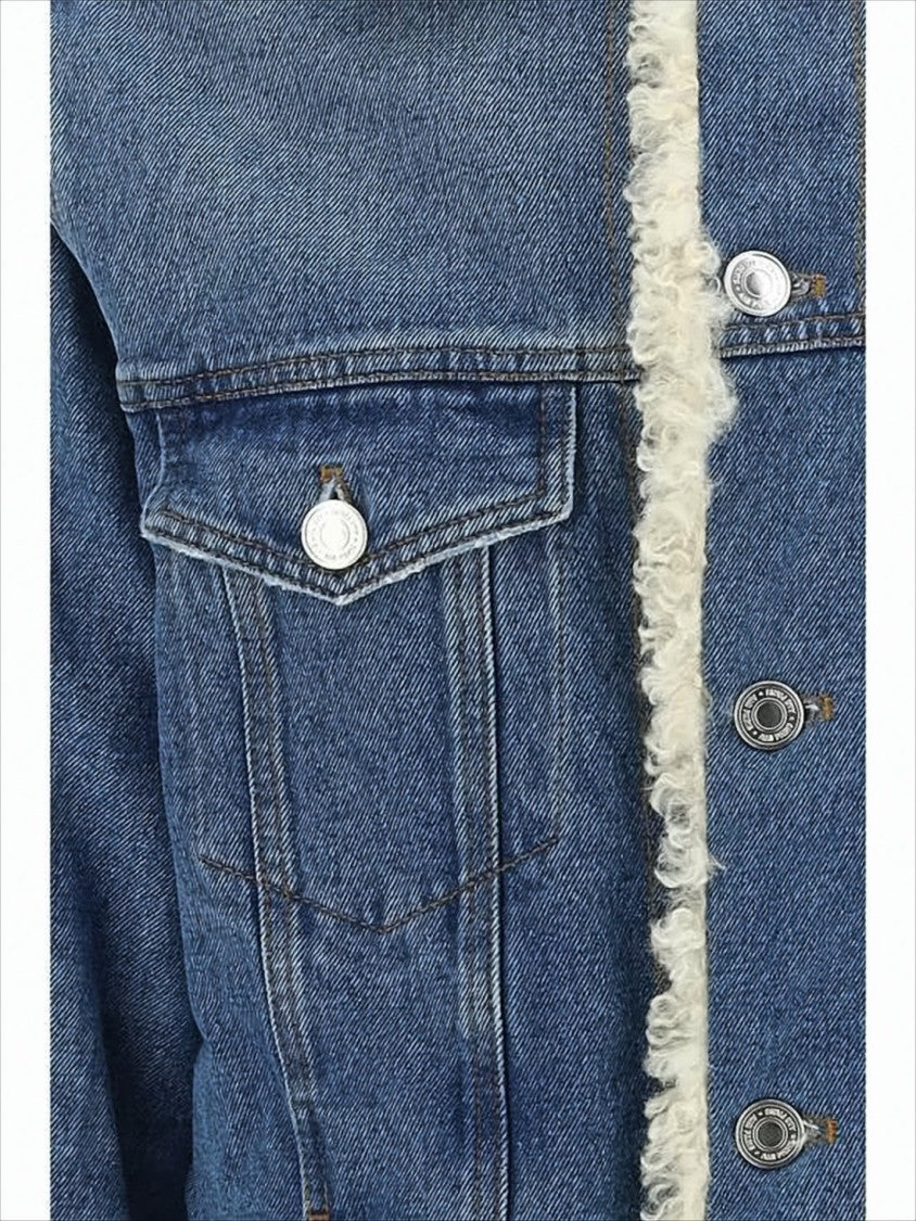 Ami Paris Medium Blue Wash Denim Jacket With Shearling Trim