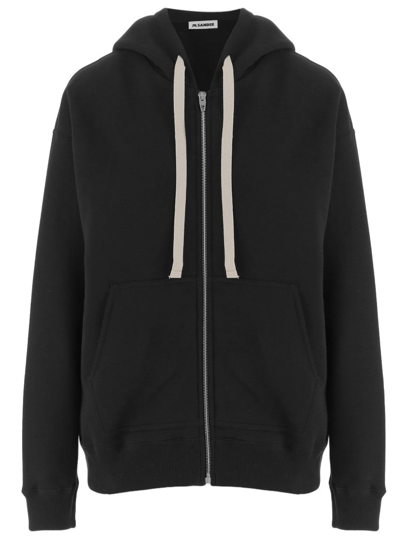 Jil Sander Full-Zip Black Cotton Hoodie With Vertical Logo Print