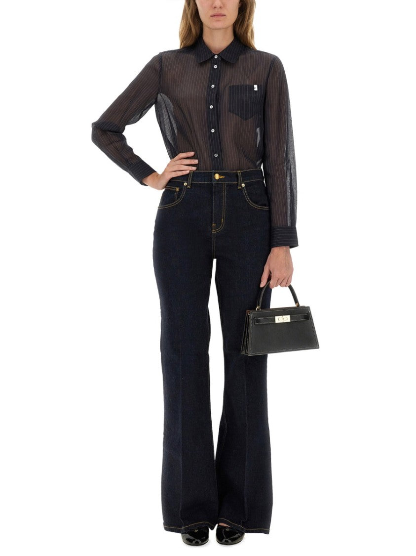 Tory Burch Vertical Stripe Cotton Shirt With Classic Collar And Chest Pocket