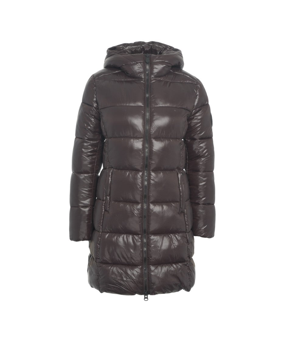 Save The Duck Glossy Knee-Length Puffer Jacket With Double-Slider Zipper