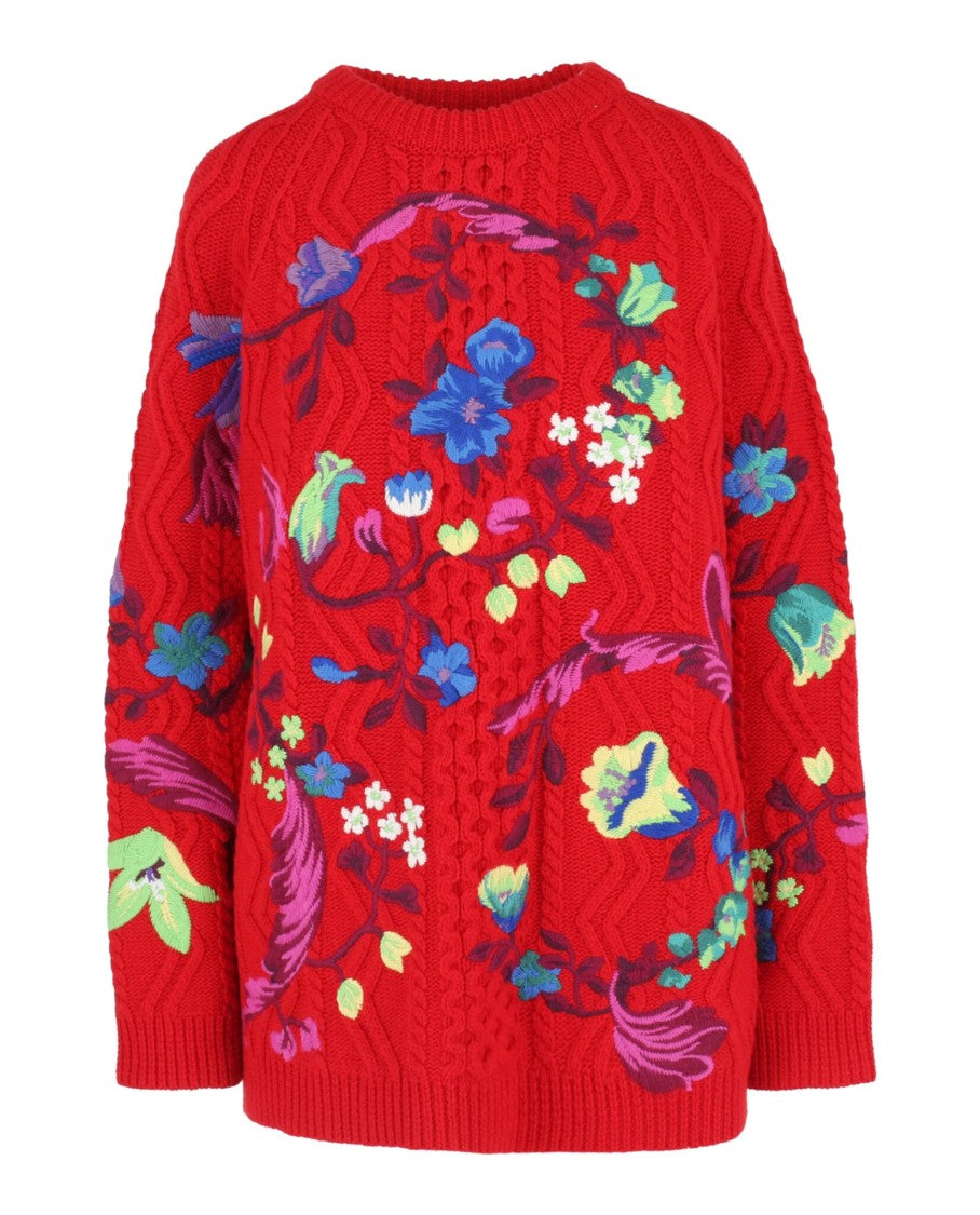 Versace Floral Embroidered Cable Knit Sweater