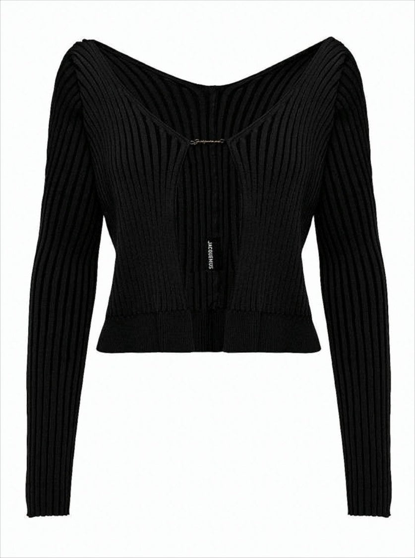 Jacquemus Ribbed Knit Cardigan With Deep V-Neckline And Gold-Tone Clasp