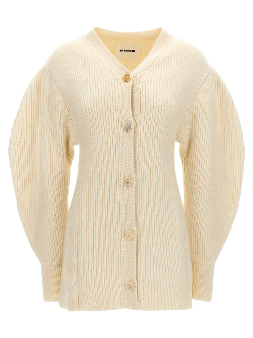 Jil Sander Long Ribbed Wool Cardigan With Button Closure