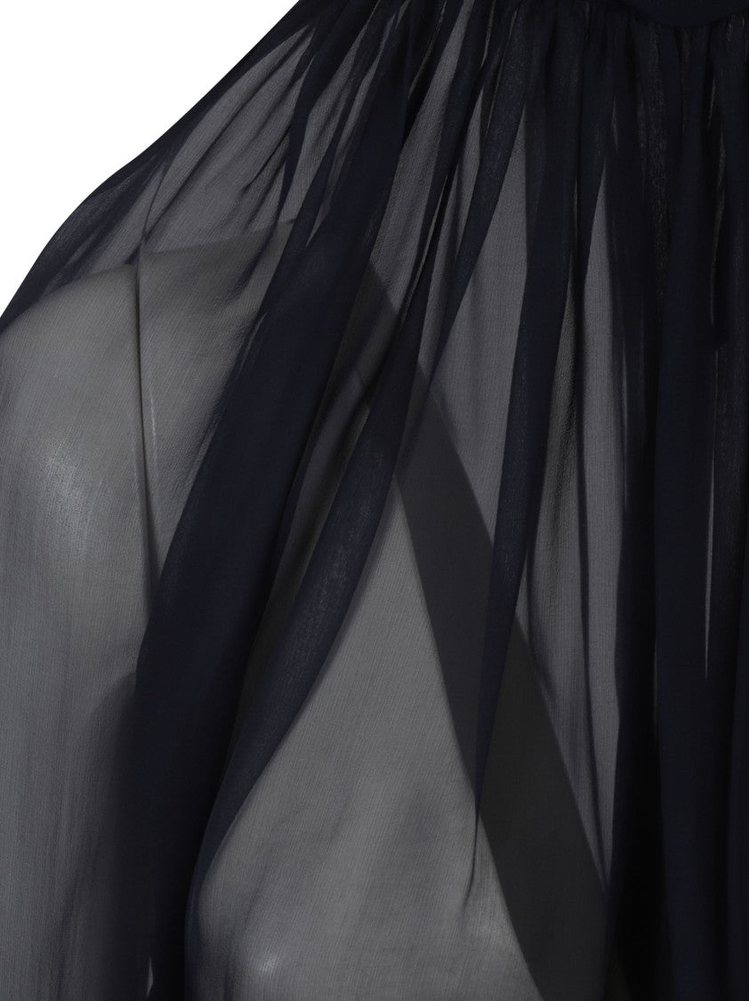 Saint Laurent High-Neck Sheer Silk Shirt With Delicate Pleating