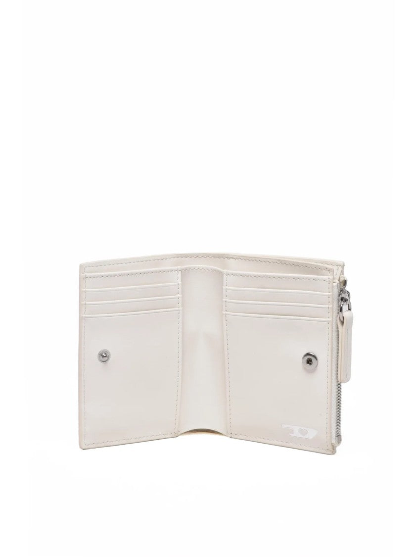 Diesel Compact White Leather Wallet With Zippered Compartment And Metallic Emblem