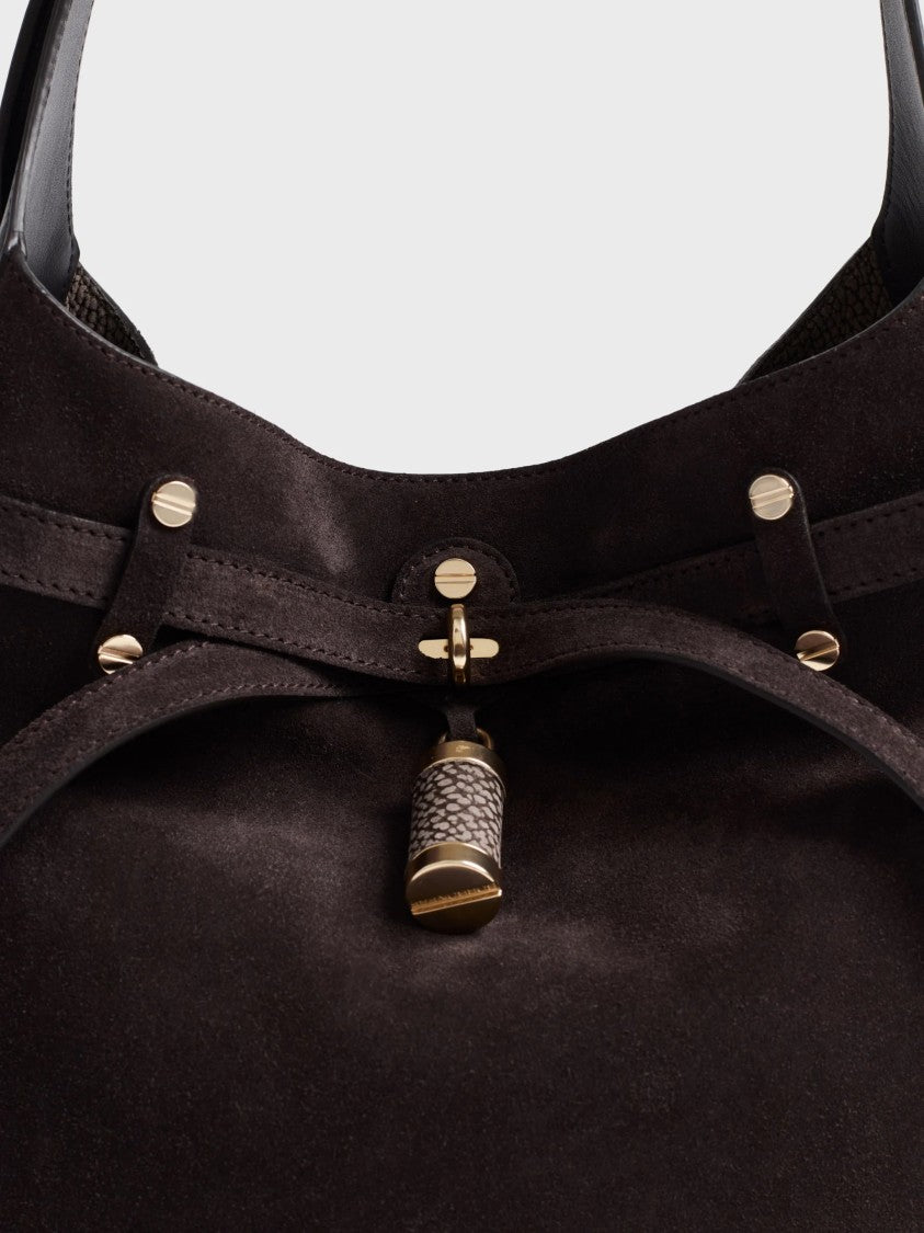 Borbonese Medium-Sized Bucket Bag In Soft Suede With Gold Accents