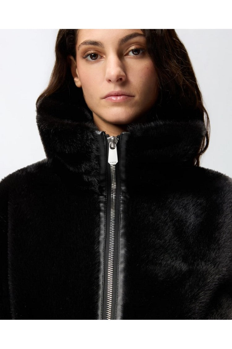Pinko Black Polyester Faux Fur Hooded Bomber Jacket