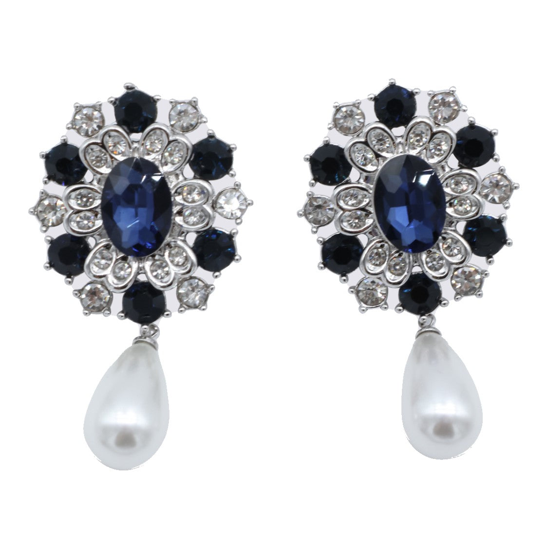 Self-Portrait Floral-Patterned Earrings With Deep Blue Gemstone And Pearl Accents
