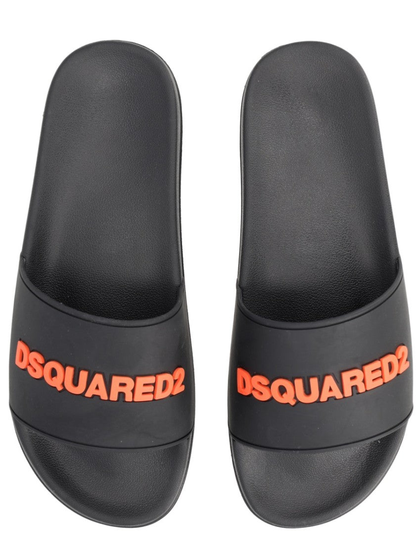 Dsquared2 Orange Raised Lettering Slide Sandals