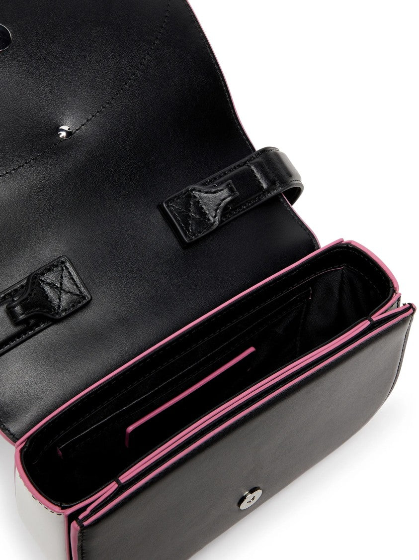 Diesel Rectangular Black Shoulder Bag With Silver Emblem And Pink Accents