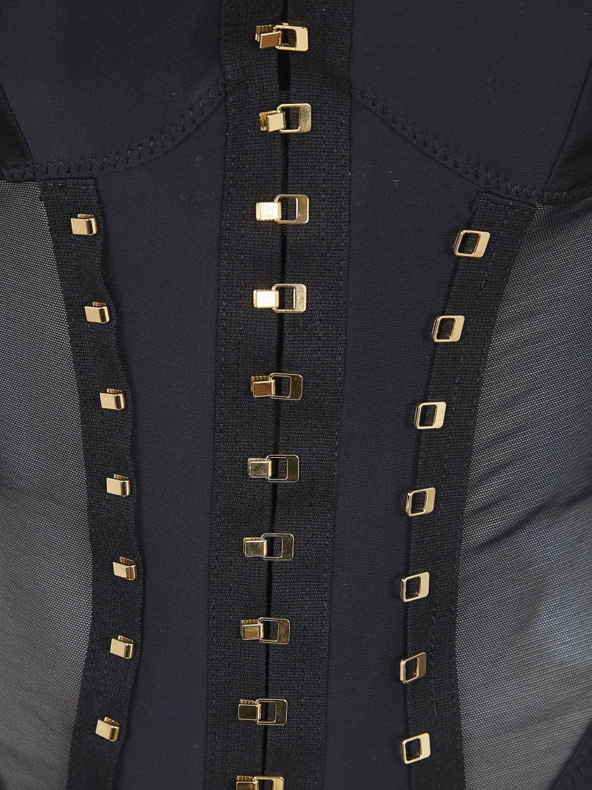 Elisabetta Franchi Body-Hugging Bustier Jacket With Geometric Cuts And Satin Accents