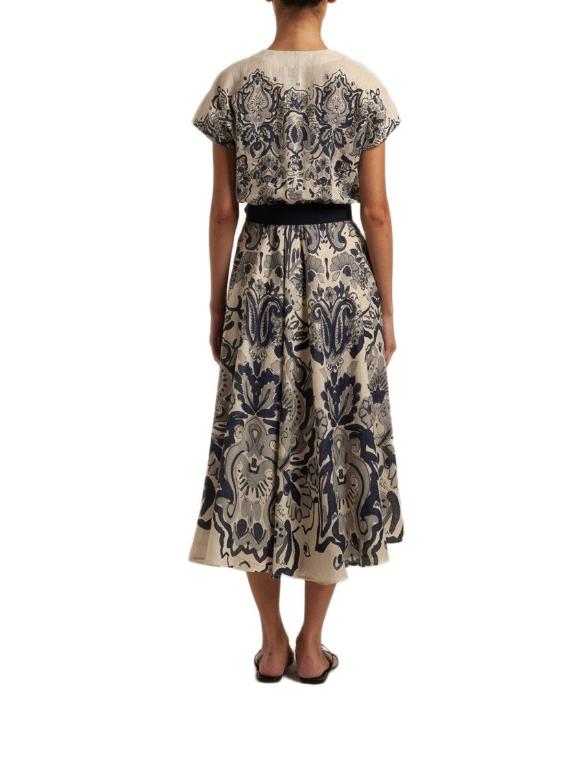 Sara Roka Navy Blue Damask Print Midi Dress With Batwing Sleeves