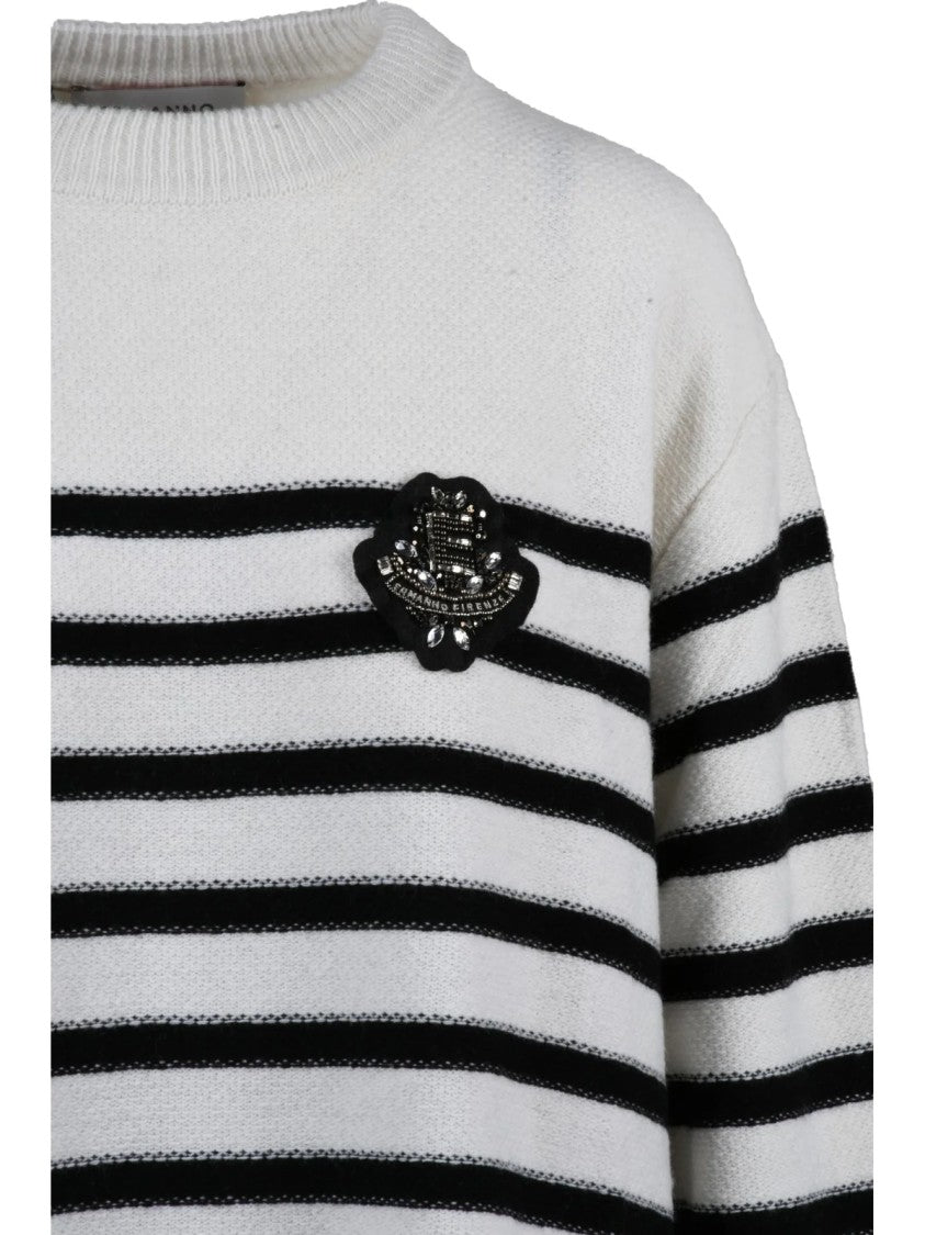 Ermanno Firenze Crew Neck Sweater With Rhinestone Detail And Striped Design