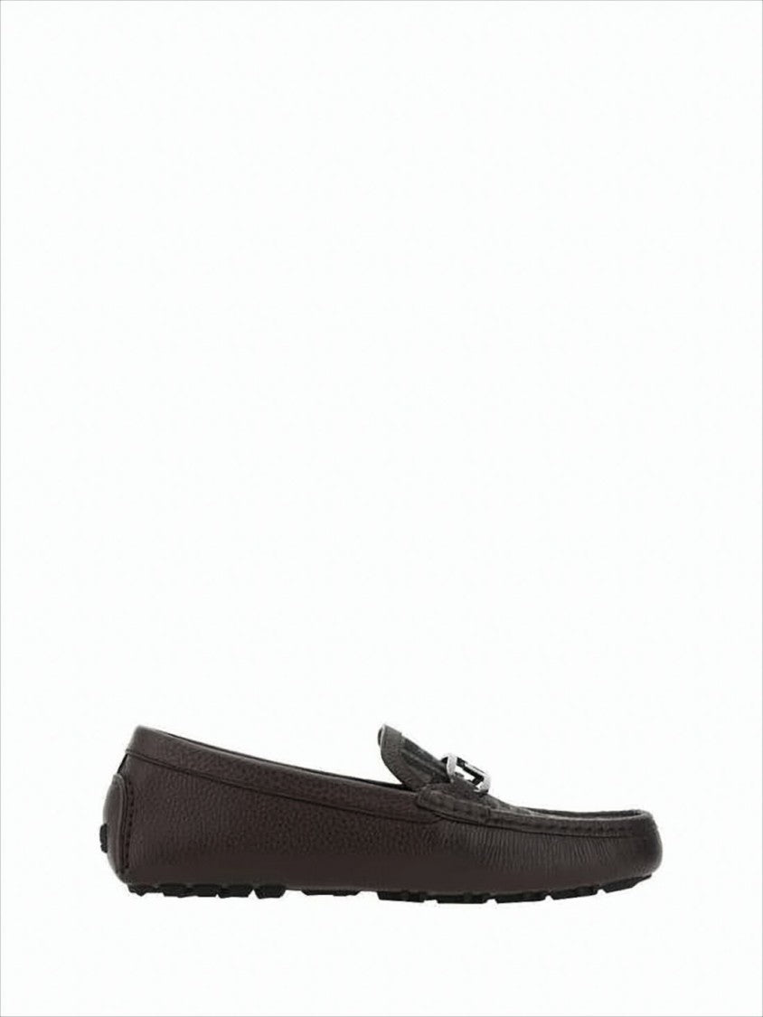 Fendi Textured Leather Loafers With Metallic Buckle Detail