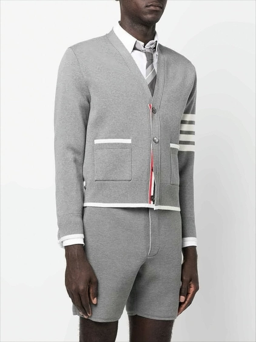 Thom Browne Cropped Grey Cardigan With V-Neckline And Signature Stripes