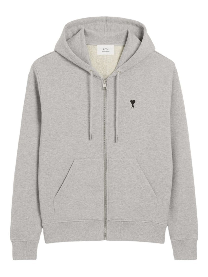Ami Paris Light Grey Zip-Up Hoodie With Subtle Embroidered Detail