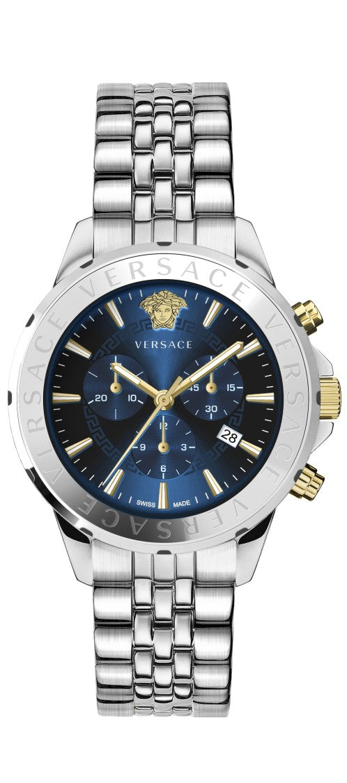 Versace Signature Chronograph Watch With Blue Dial And Stainless Steel Bracelet
