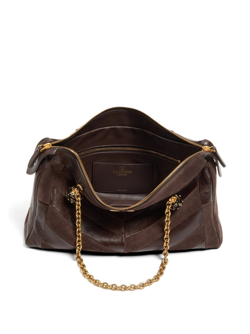Valentino Medium Suede Shoulder Bag With Chevron Design And Chain Strap