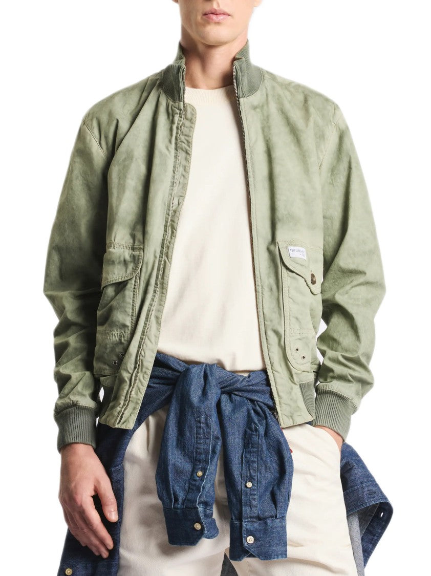 Fay Washed Green Cotton Canvas Bomber Jacket With Ribbed Knit Details