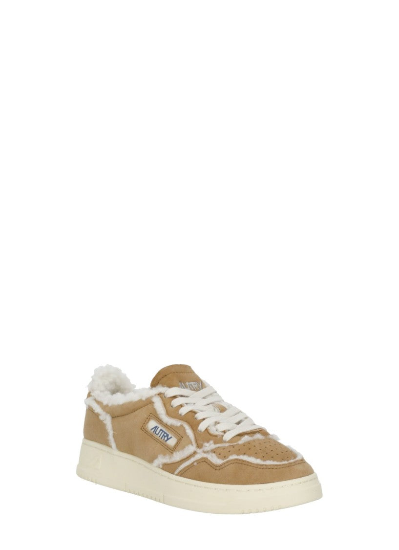 Autry Beige Suede Plush Fur Lining Low-Top Sneakers