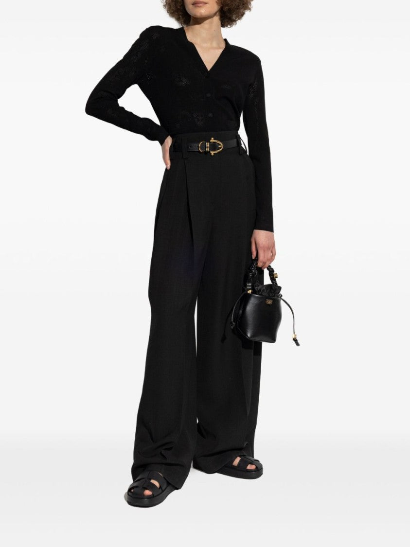 Tory Burch Textured Black Button Front Top With V-Neckline And Pockets