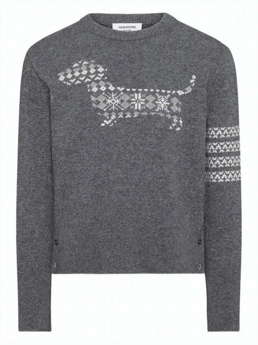Thom Browne Patterned Grey Wool Sweater With Dog Motif And Geometric Design
