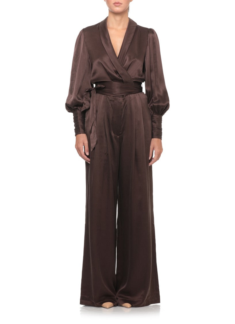 Zimmermann Brown Gathered Lace-Trim Silk Blouse