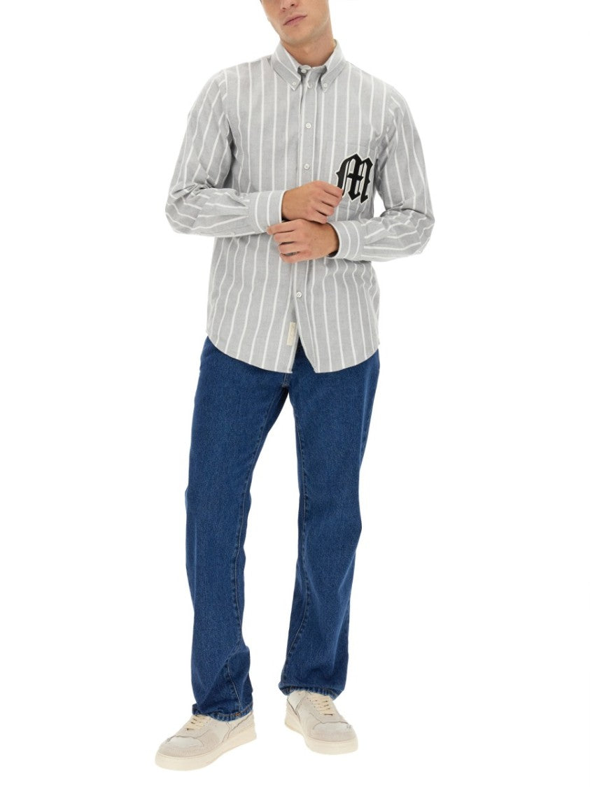 Msgm Vertical Striped Cotton Shirt With Logo Detail