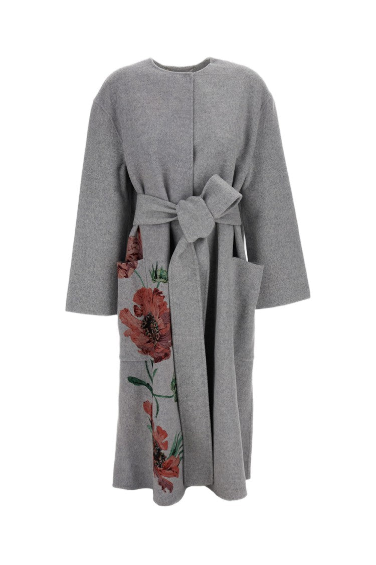 Erdem Grey Floral Print Double Face Wool Belted Robe Coat