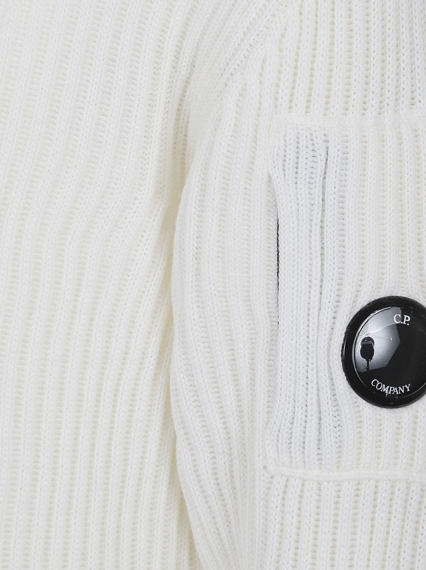 C.P. Company White Ribbed Sweater With High Neckline