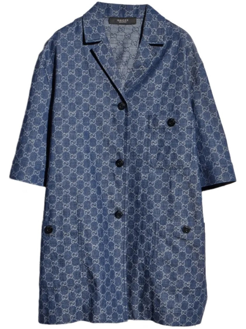 Gucci Short-Sleeved Light Denim Shirt With Monogram Pattern