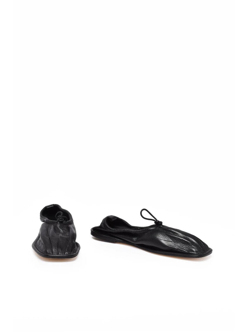 Hereu Black Gathered Design Bow Flat Leather Loafers
