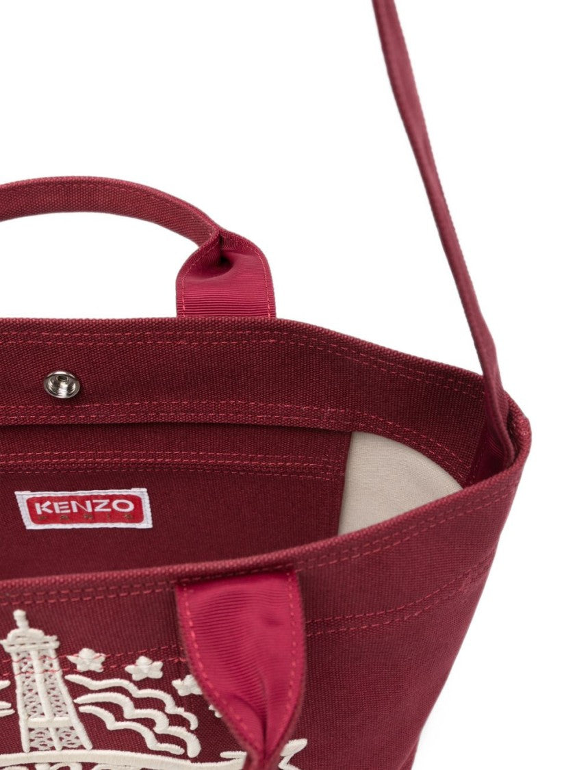 Kenzo Medium Burgundy Cotton Tote Bag With Eiffel Tower Embroidery