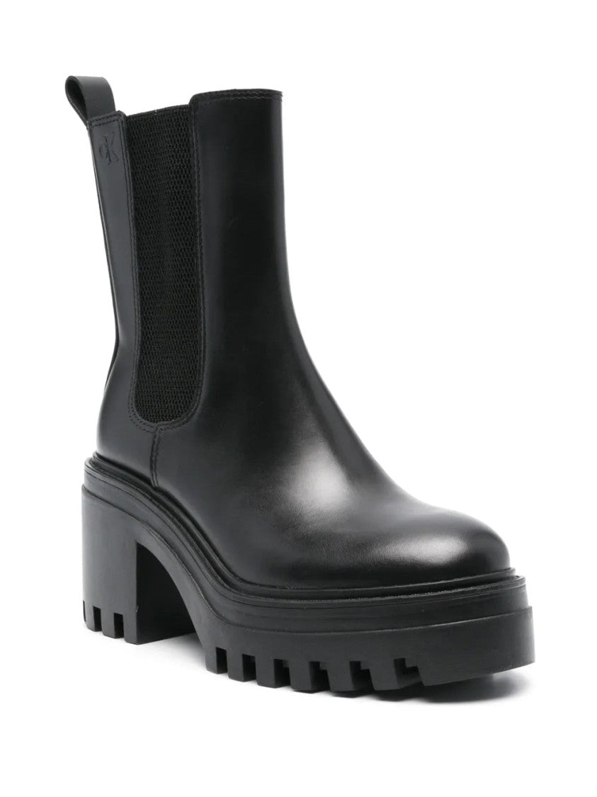 Calvin Klein Jeans Black Chunky Heeled Lugged Sole Chelsea Leather Ankle Boots