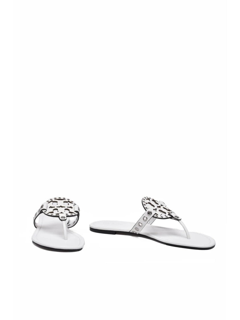 Tory Burch White Miller Eyelet Leather Thong Sandals