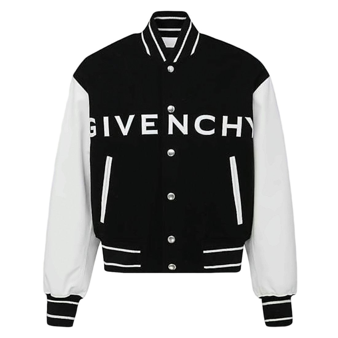 Givenchy Contrast Leather-Sleeve Bomber Jacket With Bold Lettering